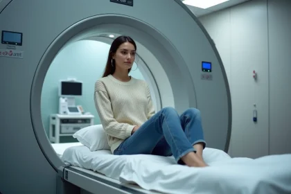 Femme assise dans un MRI avec salle moderne