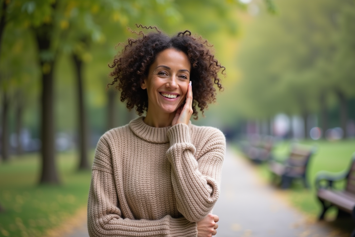 Femme souriante dans un parc verdoyant