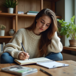 Jeune femme peignant dans un intérieur chaleureux