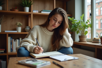 Jeune femme peignant dans un intérieur chaleureux