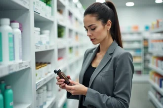 Femme lisant attentivement l'étiquette d'un brûleur de graisse en pharmacie, exprimant une inquiétude face aux effets indésirables