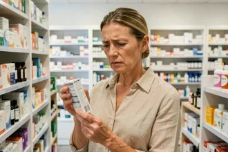 Femme en pharmacie lisant attentivement la notice d'un médicament Indiva System avec une expression préoccupée