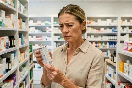 Femme en pharmacie lisant attentivement la notice d'un médicament Indiva System avec une expression préoccupée