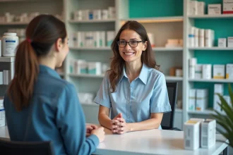 Femme d'âge moyen souriante avec pharmacien dans une pharmacie
