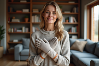 Femme portant un pull en laine douce ajustant des gants isolants