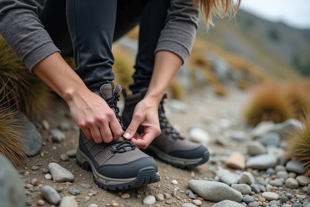 Femme randonneuse insérant une semelle Akusoli dans sa chaussure de trail avant une randonnée en montagne