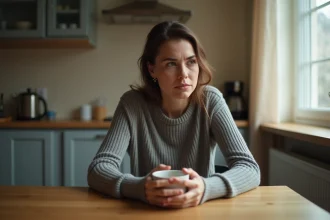 Femme seule à une table de cuisine, regard perdu dans le vide, exprimant une fatigue émotionnelle liée à une relation toxique
