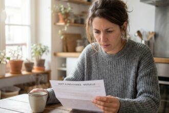Femme lisant un document de remboursement de mutuelle pour les culottes menstruelles dans une cuisine moderne