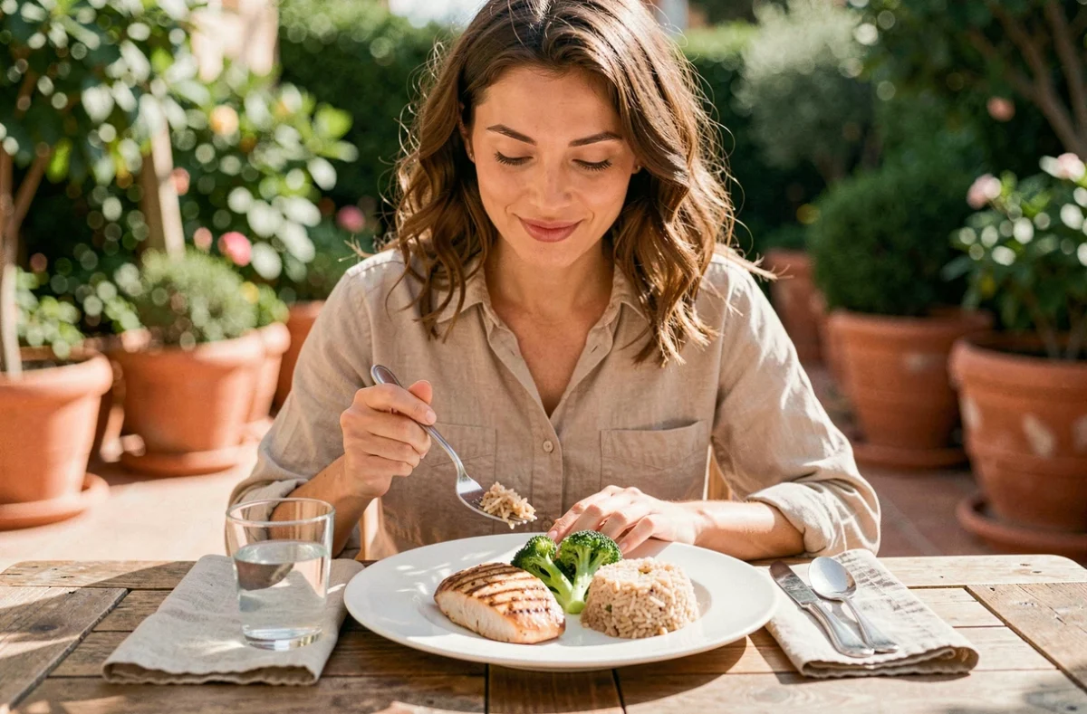 Femme mangeant un repas équilibré et structuré en terrasse dans le cadre d'un régime alimentaire strict