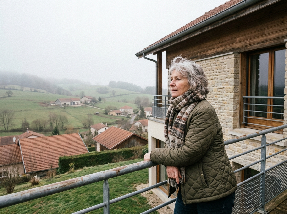 Femme retraitée regardant le paysage rural depuis un balcon