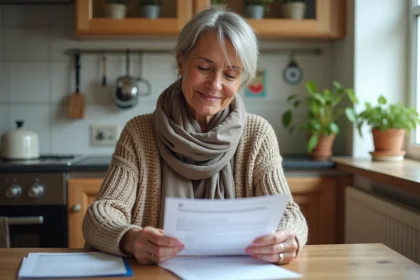 Femme d'âge moyen consulte un document médical à la maison