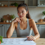 Femme en tenue sportive examine des plans diététiques à la maison