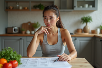 Femme en tenue sportive examine des plans diététiques à la maison