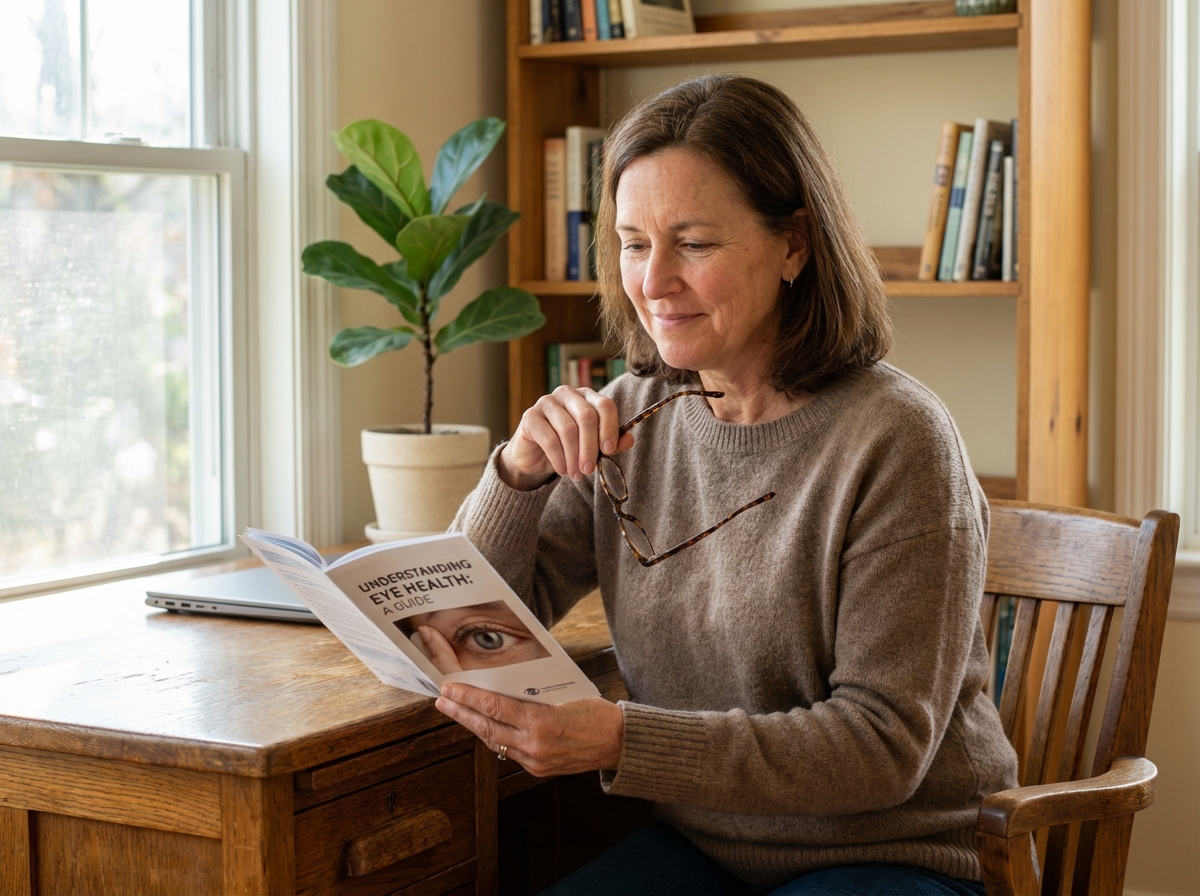 Femme d'âge moyen lisant un livret sur la santé des yeux