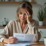 Femme d'âge moyen lisant une brochure santé dans la cuisine