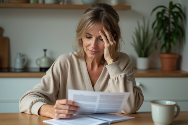 Femme d'âge moyen lisant une brochure santé dans la cuisine