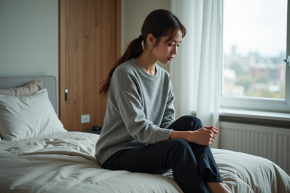 Femme en introspection dans une chambre moderne