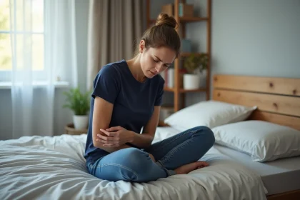 Femme assise sur le lit avec douleur au côté droit