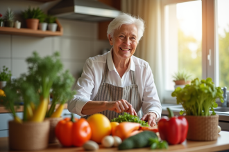 Femme senior souriante préparant un repas coloré riche en vitamine B6