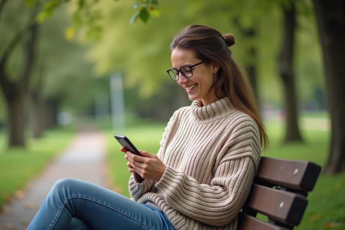 Jeune femme souriante sur un banc dans un parc vert