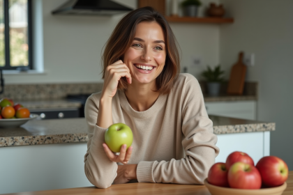 Femme souriante avec une pomme verte dans une cuisine moderne