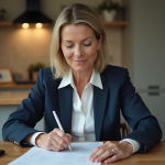Femme d'âge moyen en costume de bureau examine un questionnaire médical à la maison