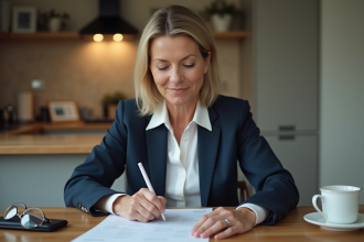Femme d'âge moyen en costume de bureau examine un questionnaire médical à la maison
