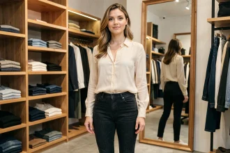 Femme française de taille moyenne debout dans une boutique parisienne, représentant la taille standard des femmes en France