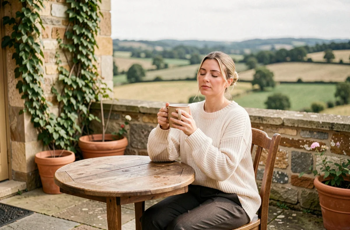 Femme savourant une tasse de thé en pleine conscience sur une terrasse en pierre avec vue sur la campagne, évoquant la sérénité d'un mode de vie ralenti