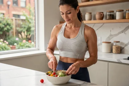 Femme en bonne santé préparant un repas équilibré dans une cuisine moderne, illustrant les habitudes alimentaires liées à un tour de taille sain
