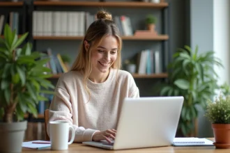 Jeune femme souriante travaillant à son bureau à domicile
