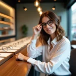 Femme souriante essayant des lunettes dans une boutique d'optique