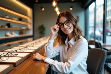 Femme souriante essayant des lunettes dans une boutique d'optique
