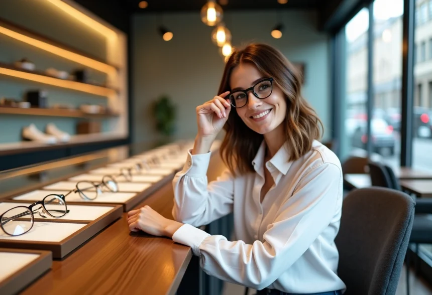 Femme souriante essayant des lunettes dans une boutique d'optique