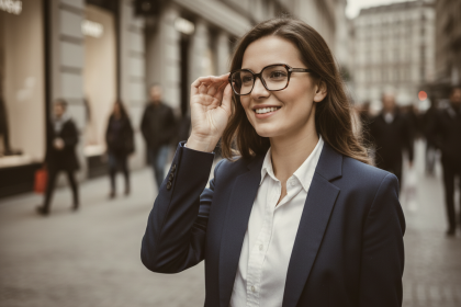 Femme élégante ajustant ses lunettes géométriques en ville