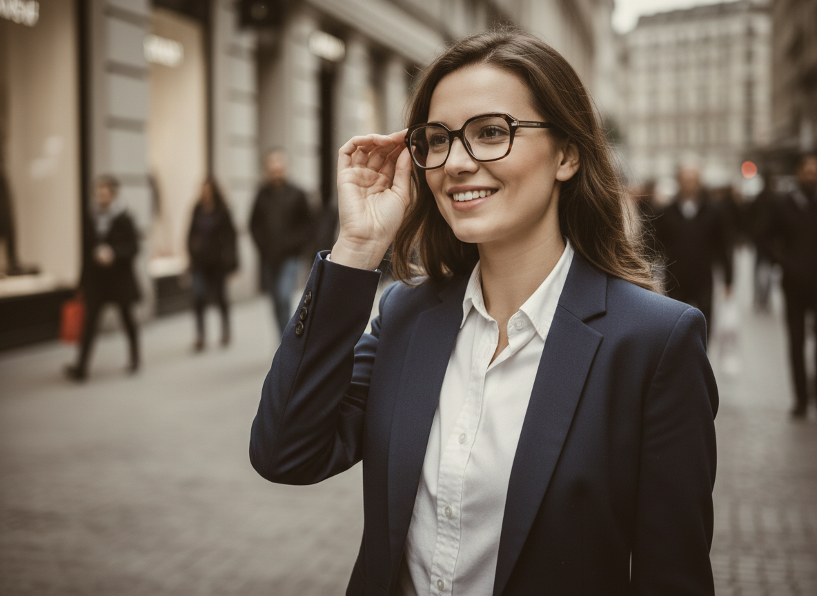 Femme élégante ajustant ses lunettes géométriques en ville