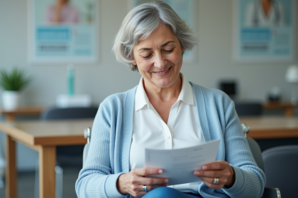 Femme senior souriante lisant une fiche vaccination en salle d'attente