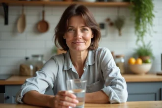 Femme tenant un verre d'eau dans une cuisine rustique, illustrant une hydratation régulière pour améliorer le transit intestinal