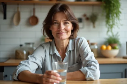 Femme tenant un verre d'eau dans une cuisine rustique, illustrant une hydratation régulière pour améliorer le transit intestinal