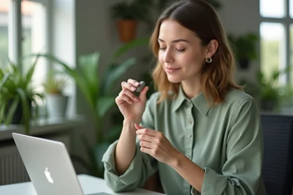 Femme au bureau tenant une worrying stone entre ses doigts pour réduire le stress au travail