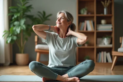 Femme d'âge moyen en yoga chez elle pour la relaxation