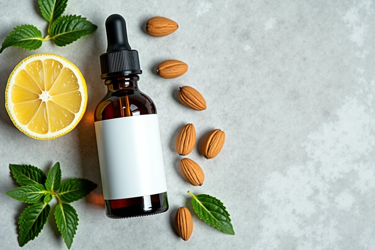 Flacon de complément minceur naturel entouré d'ingrédients naturels comme la menthe et le citron