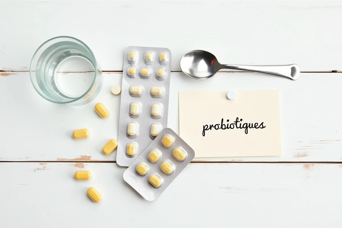 Vue de dessus d'une organisation de probiotiques et d'antibiotiques sur une surface blanche, illustrant la prise simultanée de probiotiques et d'antibiotiques