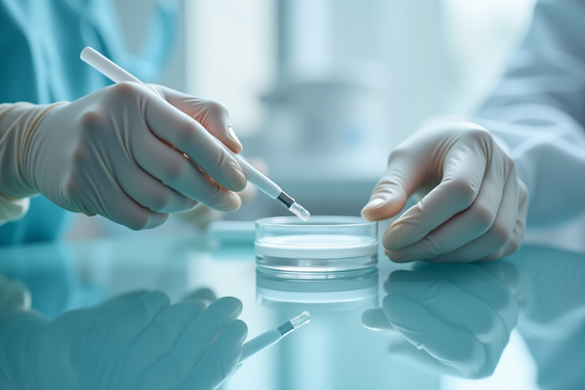 Gants de dentiste tenant un plateau avec gel de blanchiment