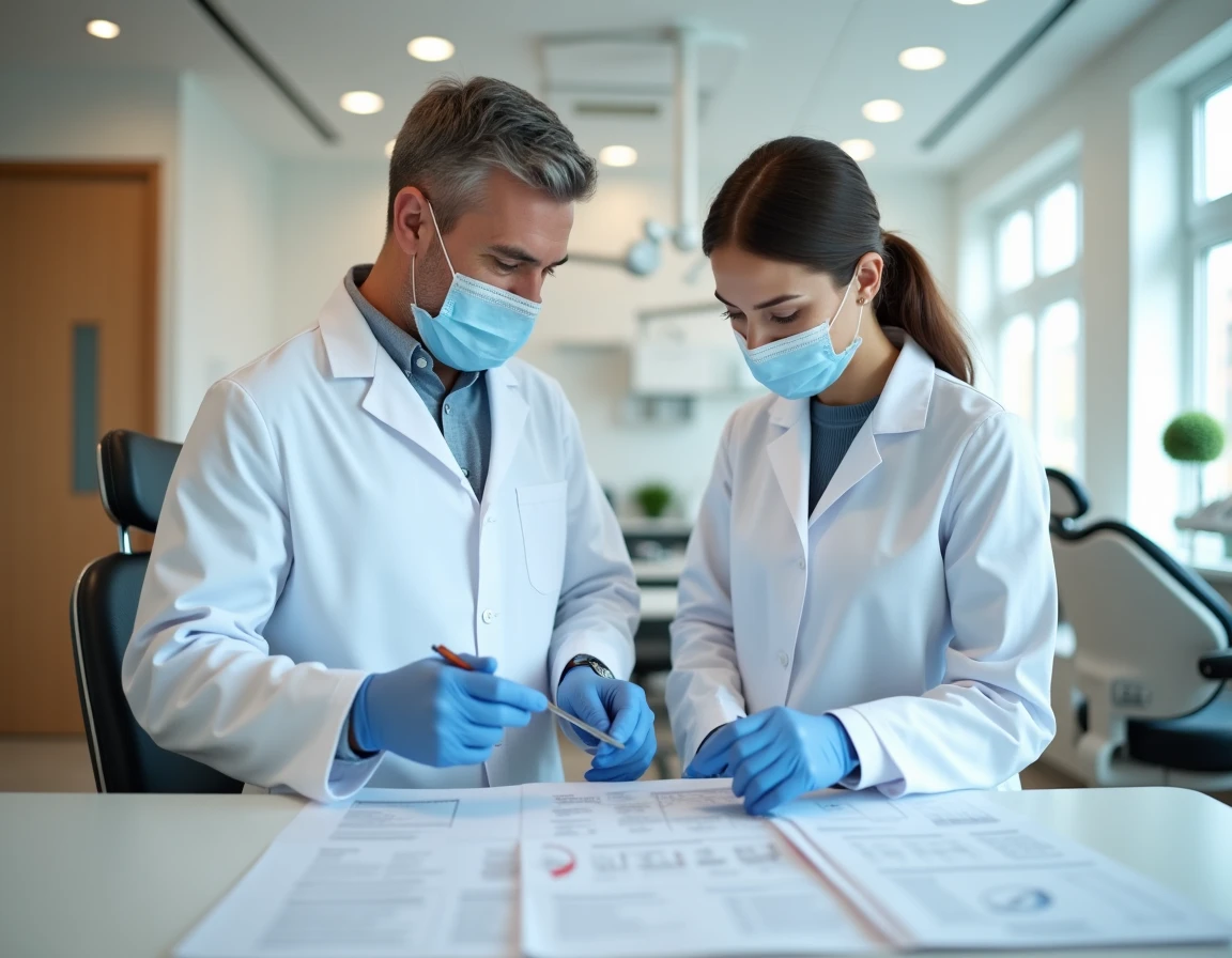 Grégoire Etienne et Raphaelle Nourissat, deux dentistes collaborant autour d'un plan de traitement dans leur cabinet