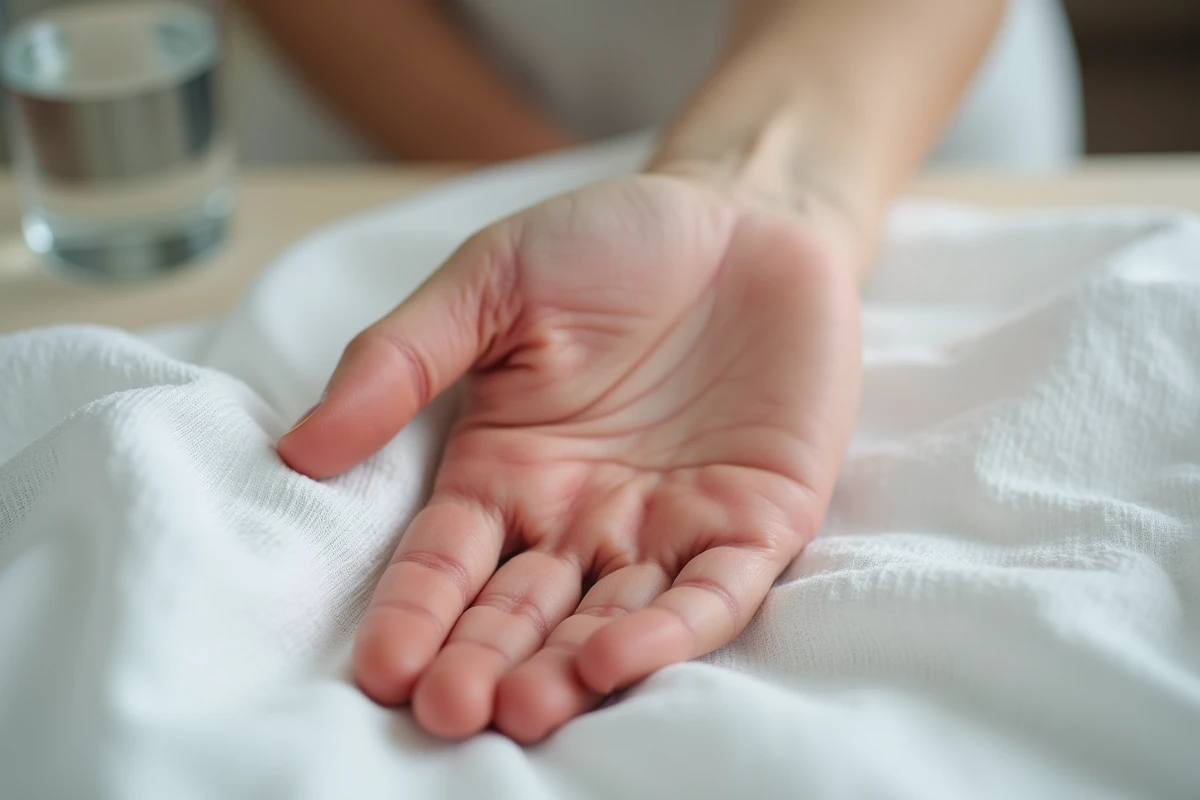 Gros plan de la paume d'une main gauche irritée et sèche posée sur un tissu blanc