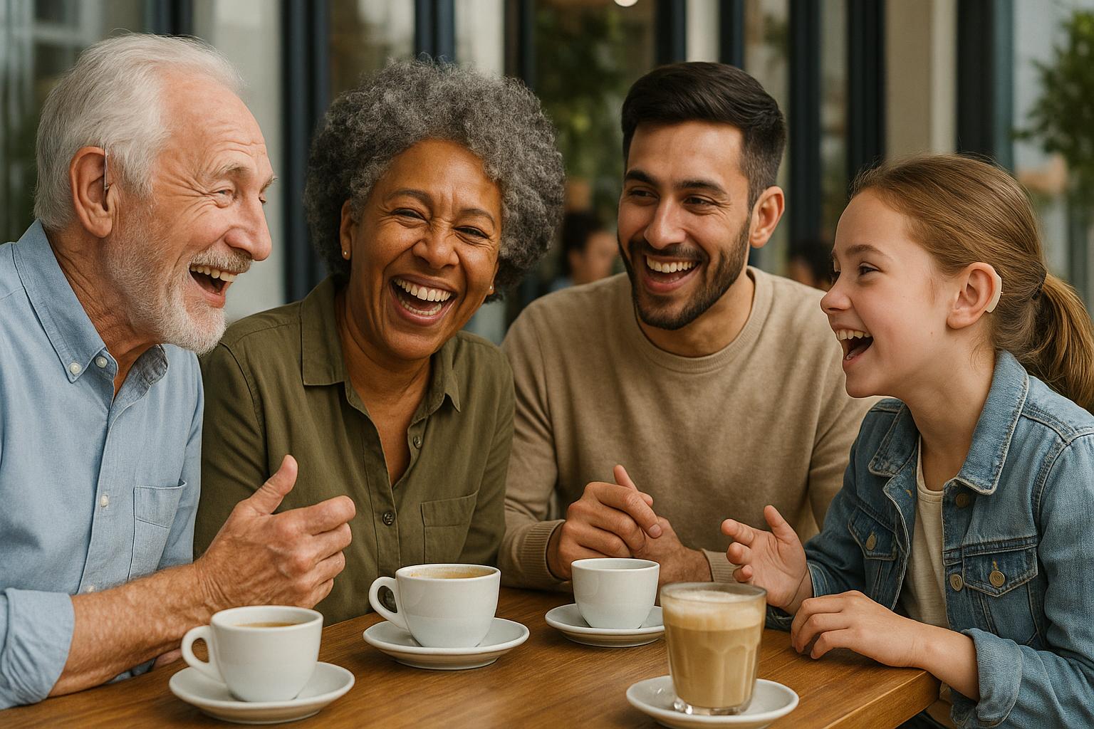 Groupe divers de personnes avec appareils auditifs discutant au cafe