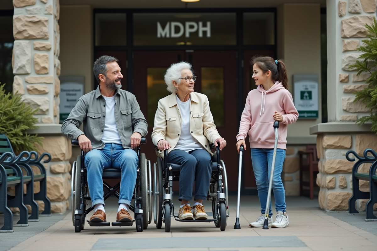 Groupe diversifié devant un bureau MDPH avec signale