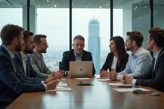 Groupe de professionnels en réunion dans un bureau lumineux
