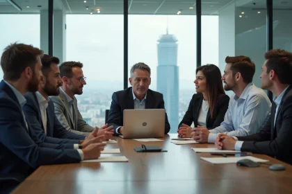 Groupe de professionnels en réunion dans un bureau lumineux